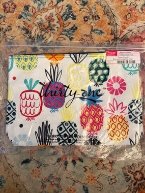 thirty-one Lotta Colada Zip Pouch in White with Pink, Teal, Yellow, Blue